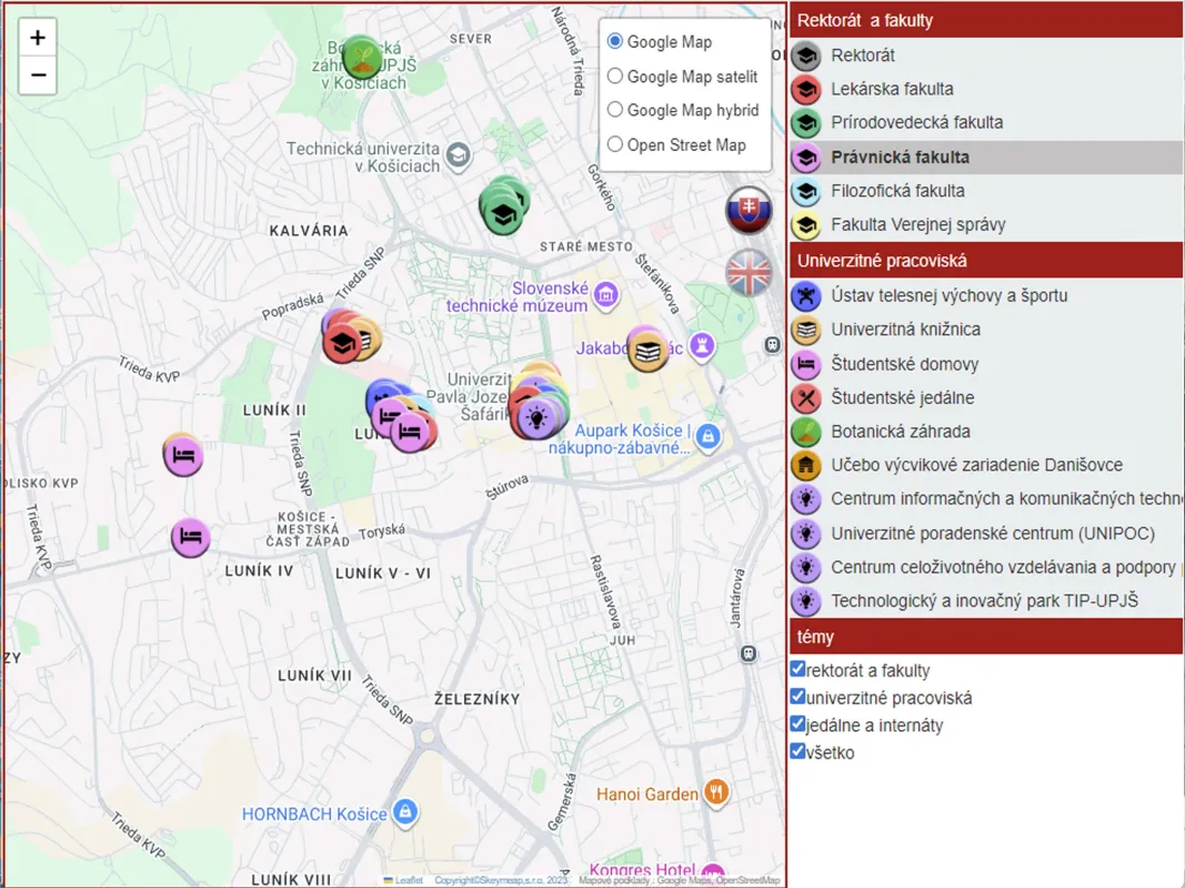 Mapa Univerzity Pavla Jozefa Šafárika v Košiciach