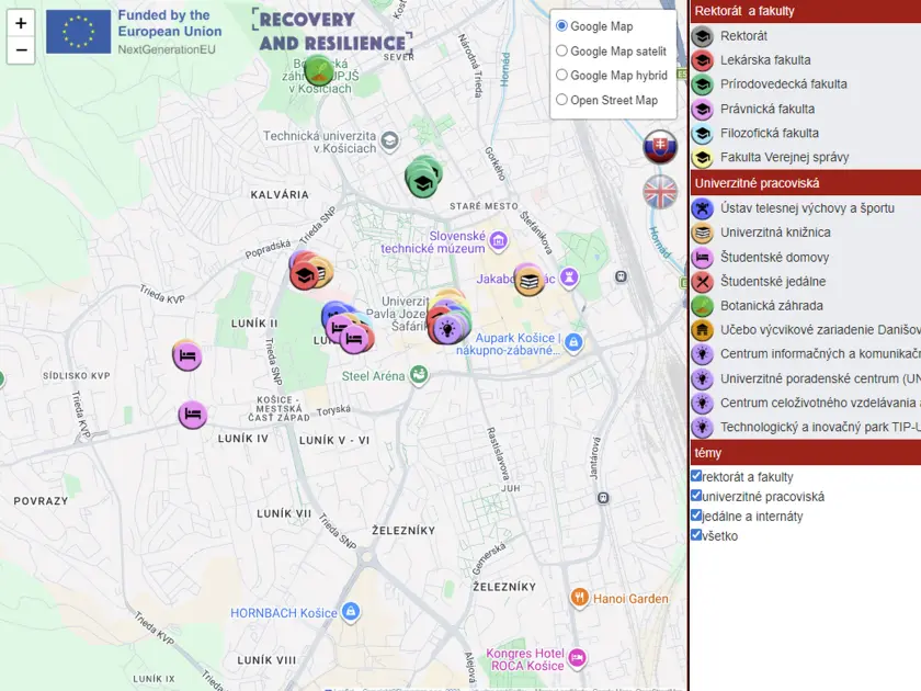 Mapa Univerzity Pavla Jozefa Šafárika v Košiciach